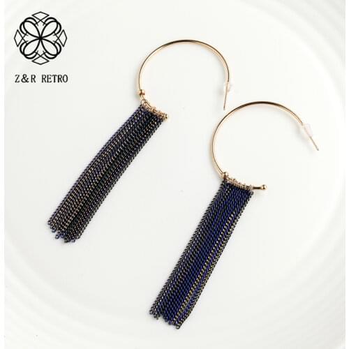 Women Fashion Hoop Earrings With Tassel Sweet Half Round Earrings Punk Simple Big Black Blue Tassel 2019 Hollow Circle Earrings