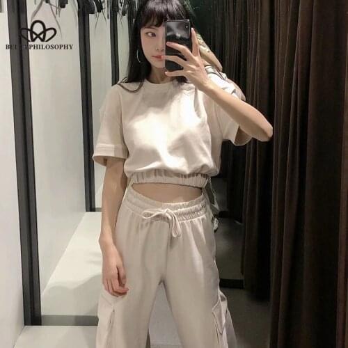 Bella Philosophy Women Fashion Tracksuits Cropped Tshirt High Elastic Waist Drawstring Cargo Pants Side Pockets Chic Sets