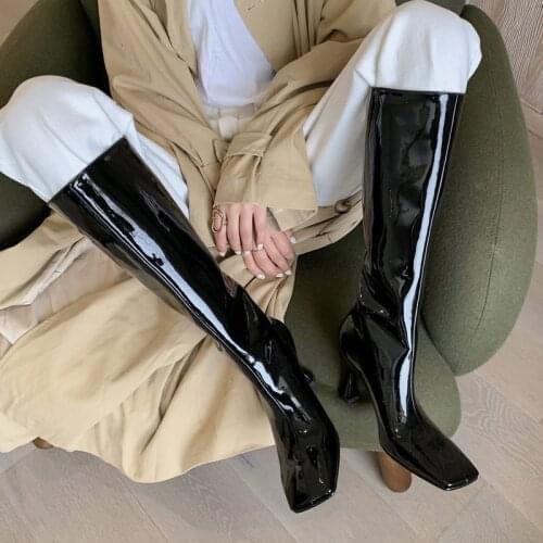 Cool Woman Spring Autumn New Knee High Heel Boots Square Head Patent Leather Wine Red Stange Heel High Boots Boots