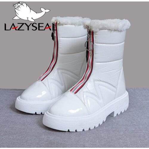 LazySeal Winter Snow Boots Platform Mid-calf Boots For Women Thick Sole Plush Waterproof Zip Winter White Black Shoes Woman