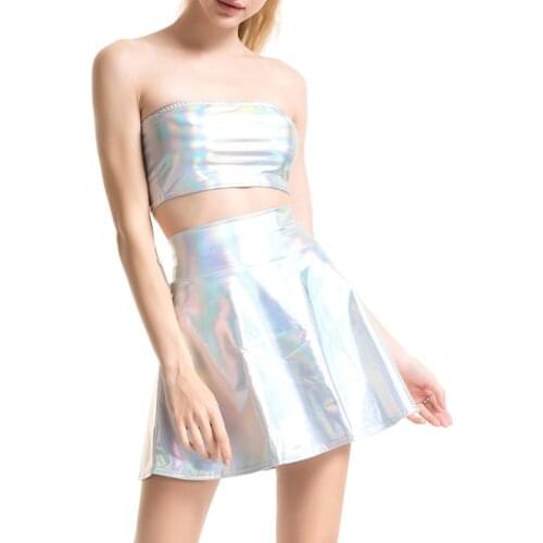 Women Co-ord Shiny Silver Holographic Tube Top Metallic Wet Look A-line Mini Skirt 2 Piece Set Clubwear Rave Festival Set