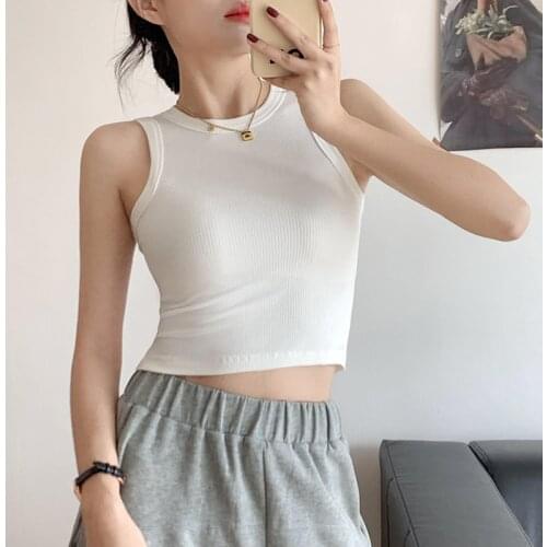 Tops Women 2021 Summer Black White Sexy Tank Cropped Top Vintage Sleeveless O Neck Screw Thread Tshirt Korean Basic Feminino