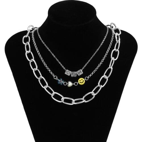 Retro Fashion Geometric Metal Dice Heart Flower Statement Necklace For Women Punk Multilayer Chain Femme Necklace Bijoux kolye