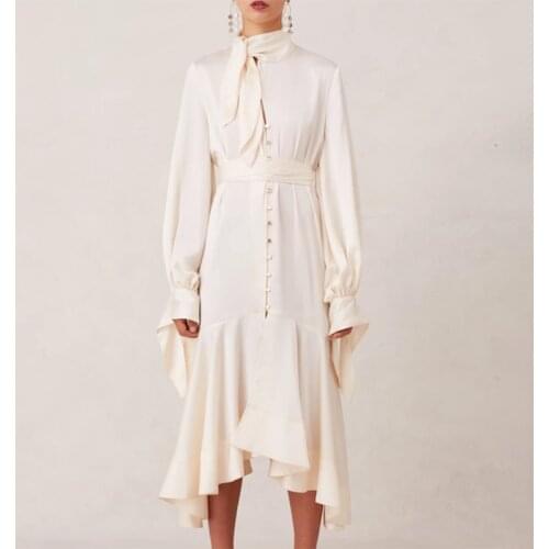 2021 New Lantern Long Sleeve Dresses For Girls Stand Collar High Waist Slimming Patchwork Ruffle Womens Elegant Dress Fashion