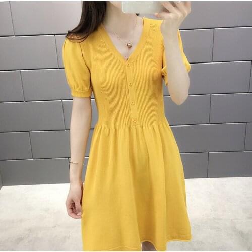 Summer Vintage Single Breasted Women Rib Knitted Dress Elegant Puff Sleeve High Waist Knit A Line Dress Casual Verano Vestidos