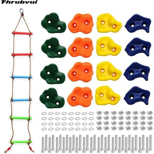 16 Rock Climbing Holds for Kids with Climbing Rope Ladder and 32 Mounting Bolts - Climbing Grips DIY Rock Stone Wall for Kids