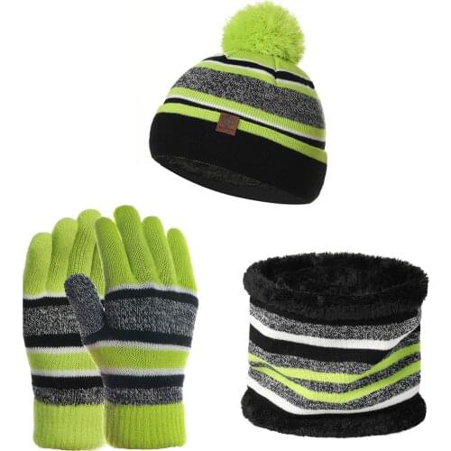 3pc/set Kids Warm Hats Winter Woolen Yarn Knitted Pompom Hat Beanie Neck Scarf Gloves Soft Cotton Elastic Set For Baby Girls Boy