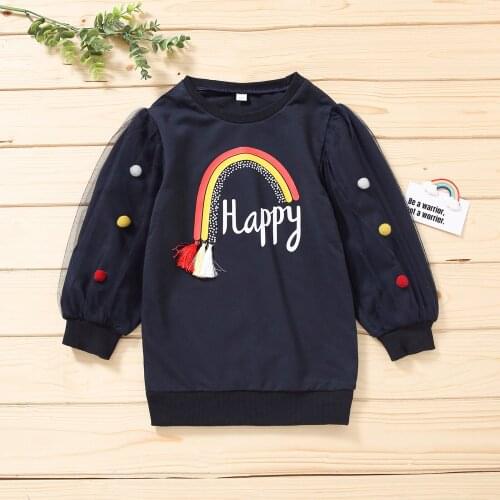 1-6Y Kids Girls Hoodie Dress Rainbow Print Long Sleeve Princess Dress Plush Ball Tassels Decoration Mesh Splicing Casual Dress