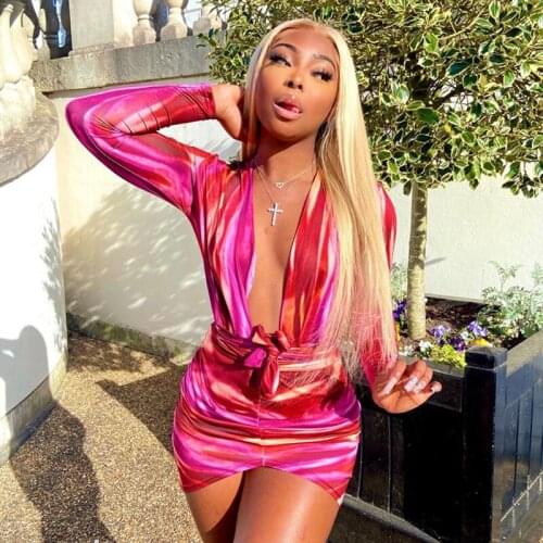 Hirigin Sexy Deep V Neck Long Sleeve Dresses Women 2021 Fall Fashion Print Bodycon Dress Birthday Party Club Outfits