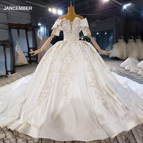 HTL2065 Luxurious Crystal Beading Sequined Wedding Dress 2021 For Woman Ball Gowns Half Sleeve Lace Up Back