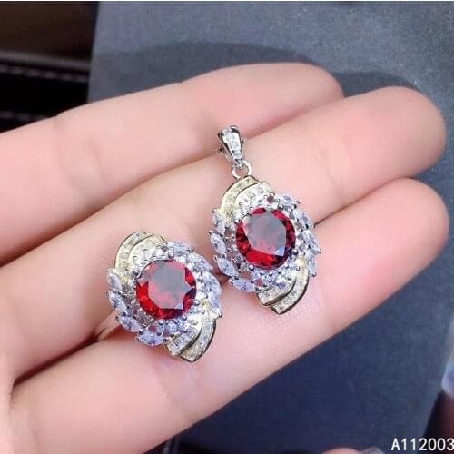 KJJEAXCMY Fine Jewelry 925 sterling silver inlaid natural garnet female ring pendant set classic Support detection