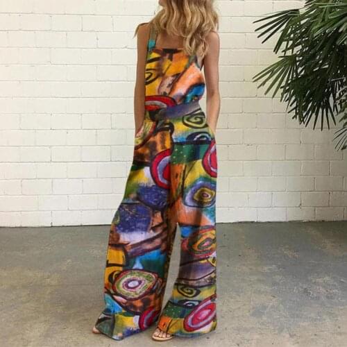 Women Sling Playsuit Abstract Oil Painting Print Wide Leg Middle Waist Square Collar Romper Street Wear Wide Leg Loose Romper