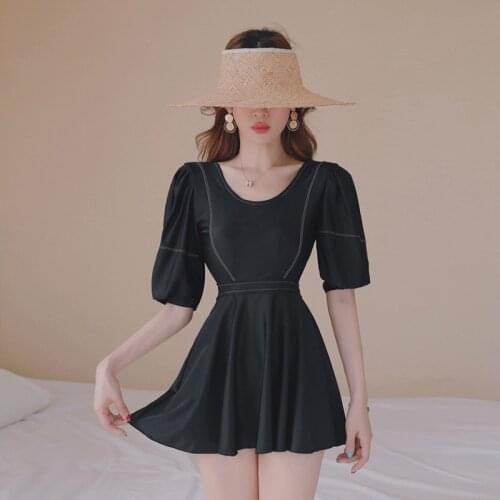 Conservative Skirt Swimsuit Female Covering Belly Thin Small Black Chest Foreign Trade Half Sleeve Hot Spring Vacation Swimwear