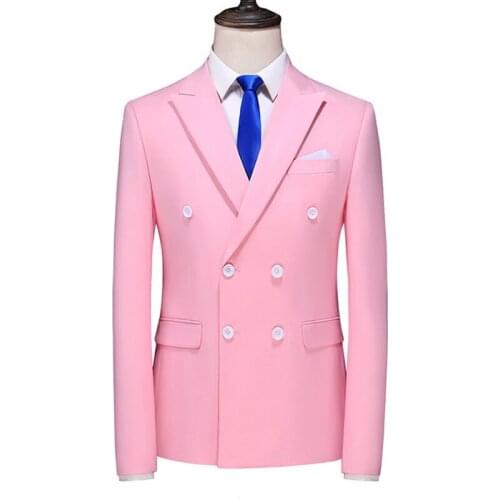 Handsome Mens Suit Jackets Double-Breasted Notch Lapel Flat Slim Fit Casual Tuxedos for Wedding Blazers White Pink Yellow