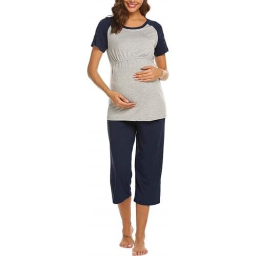 Hot Selling Pregnant WOMENS Short Sleeved Solid Color Panel Nursing Top T-shirt Adjustable Capri Pants Womens