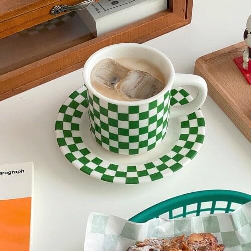 Chic Grids Ceramic Coffee Cup Saucer Set Vintage Drinking Milk Tea Mug with Plate Home Office Cafe Table Aesthetic Decor 245ml