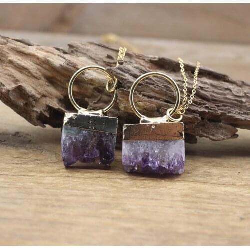 Irregular Rectangle Amethysts Geode Pendants Healing Necklace,Raw Druzy Drusy Slab Silce Charms Women Jewelry Dropship,QC3077
