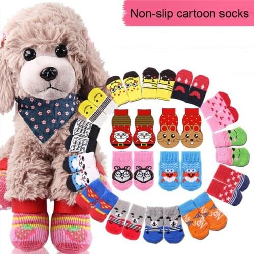 4pcs/Set Cute Puppy Dog Knit Socks Small Dogs Cotton Anti-Slip Cat Shoes For Autumn Winter Indoor Wear Slip On Paw Protector