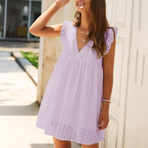 MosiMolly Cotton Embrodiery Lace Dress Ruffle Dress Hollow Out Mini Dress Boho Beach Dress Female Vestidos 2021 Summer