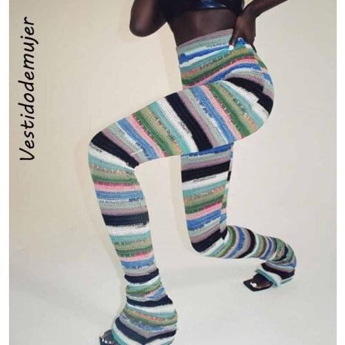 Colorful Striped Knitted Stacked Pants Streetwear Women Hippie Clothes Fall 2021 INS Fashion Sexy Extra Long Trousers Casual