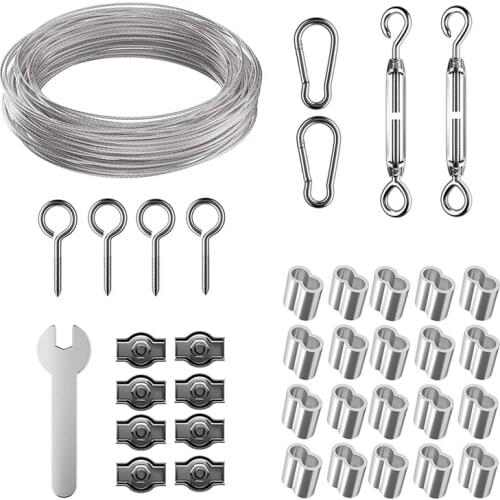 Garden Wire Rope/Outdoor Light Suspension Kit,30M PVC Coated Duty Stainless Steel Cable Rope with Clips Tensioner