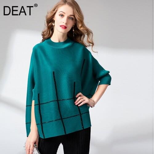 DEAT Pleated Tshirt Women Mid Batwing Sleeve Plaid Bright Diamond Vintage Style Loose Elegant Vintage 2021 New Autumn HT308