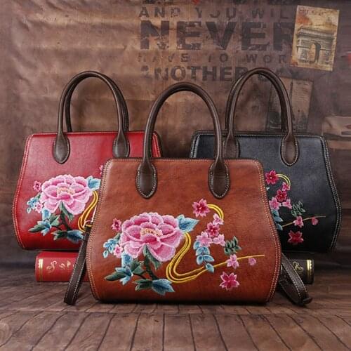 2020 Winter Chinese Style Women Bag Ladies Genuine Leather Luxury Handbag Casual Tote Handmade Embroidery Floral Shoulder Bags