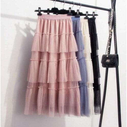 2019 Spring and Summer Tulle Skirt Women Sweet Long Tutu Lace Mesh Skirt Female Voile Midi Skirt Patchwork Girl Skirt