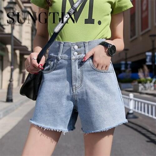 Sungtin Womens Denim Shorts Button Oversize Short Harajuku Female Retro Denim Black Jeans Shorts 2021 Summer Cowboy Korea Street