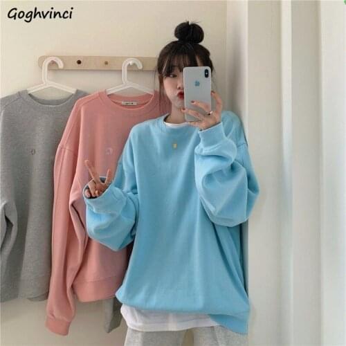 Women No Hat Hoodies Sweatshirts Pullover Embroidery O-neck Loose Simple Korean Fashion Trendy New Students Sweet Lovely Soft