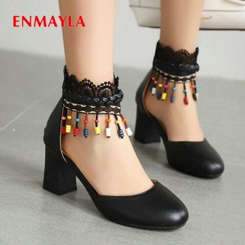 ENMAYLA New Round Toe Square Med Heels Zip Spring/Autumn Ethnic Wedding Shoes PU Lace String Bead 2020 Women Pumps Size 34-43