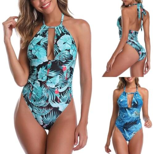 Womens Suit High Print Bikini Swimsuit Beach Bathing Suit Bodysuit Cut Monokini One Piece Swimwear Lace Up Bikinis 2021 Summer