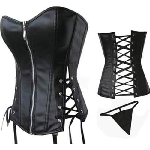 Female Sexy Mistress Leather Front Zip Boned Corset Bustier with Hollow Out and Skirt Fetish Wear Lingerie Set Sexy Stripper