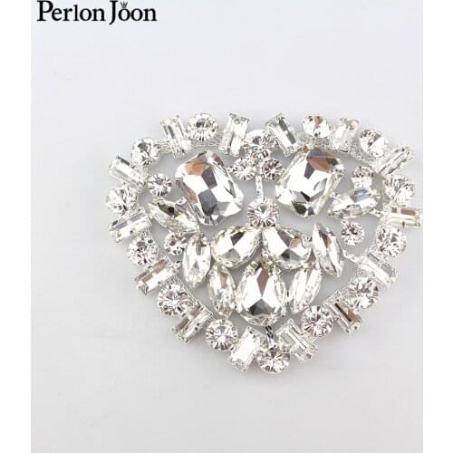 1pcs 7*8cm silver crystal patch collar rhinestone Heart decorative Brooch applique sewing on wedding dress accessories YHX064