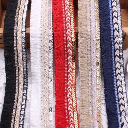 1Yard Sequined Rhinestone Tassel Ribbon Trim Fringe Fabric Garment Dress Sewing