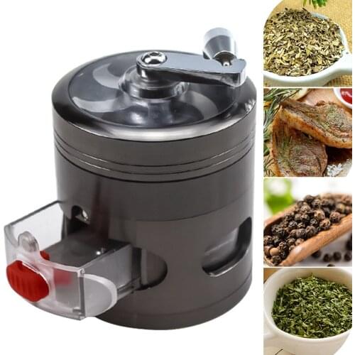 4-layer grinder, manual spice grinder with drawer, herbal spice, foldable handle, drawer with mesh screen and pollen scraper