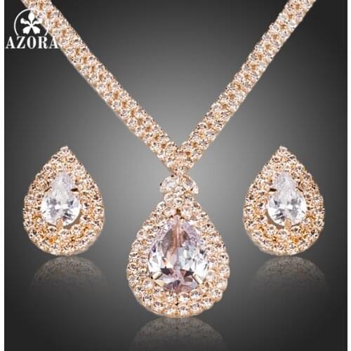 AZORA Gorgeous Gold Color Clear CZ Water Drop Pendant Necklace and Earrings Jewelry Sets TG0158