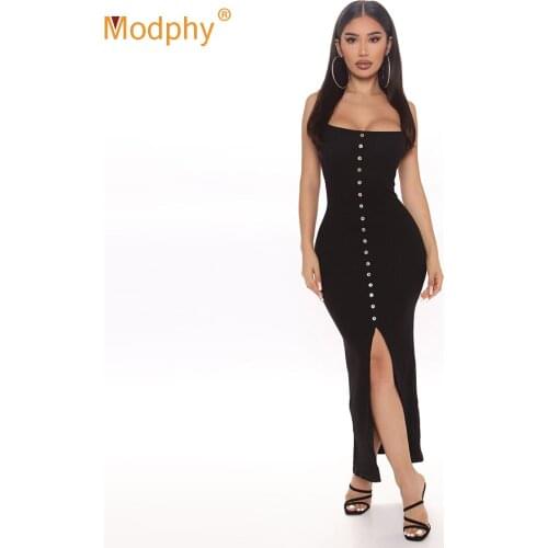 Free Shipping 2021 Fashion New Black Long Dress Sexy Bodycon Single Breasted Spaghetti Dress Club Evening Party Vestidos