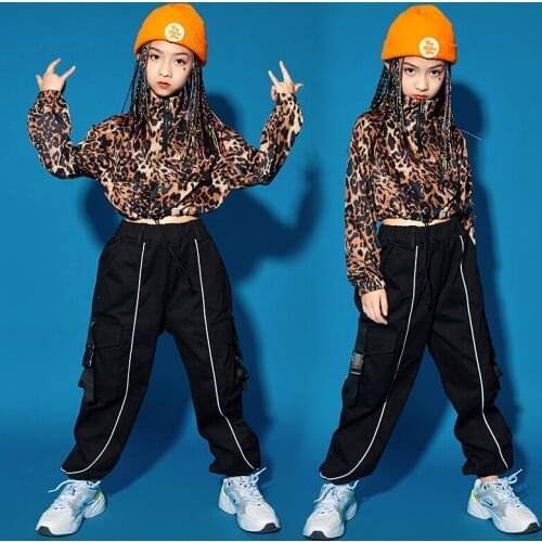 Children Jazz Dance Costume Leopard Tops For Girls Casual Hip Hop Pants Street Dance Clothing Ballroom Dancing Clothes BL5775