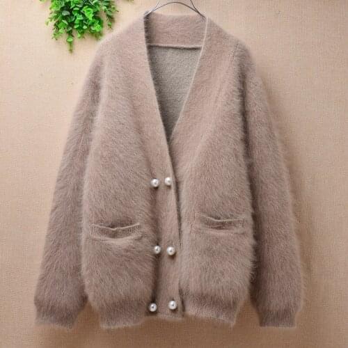 Female women winter thick warm mink cashmere knitted long sleeves v-neck loose cardigans autumn angora fur jacket coat sweater