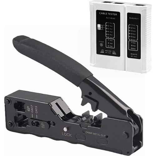 CAT5 CAT6A CAT7 Modular Crimper (Black) with RJ45 RJ12 RJ11 Network Cable Tester Tool Kit