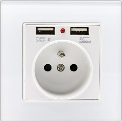 New Arrival 16A French Standard Wall Power Socket White Crystal Glass Panel Outlet 2.1A Dual USB Socket Charger Port for Mobile