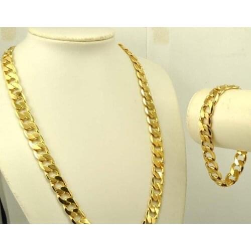 Real 24k Solid Gold Finish Mens Bracelet /necklace 23.6" 10mm Chain Set Birthday Gift FREE SHIPPING