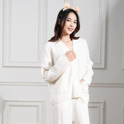 Latest Womens Pajamas Set Sleepwear Home Clothes Sweater Thick Nightwear Wick Yarn Loose Knitted Autumn And Winter Cardigan