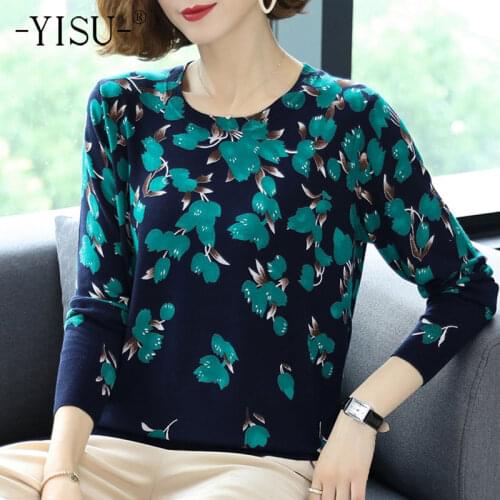 YISU Autumn Women clothing Sweater O-Neck Loose tops Flowers Printing Long sleeve Female Knitted Pullover Casual Women Sweater