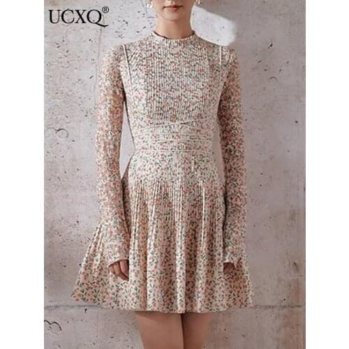 UCXQ Woman Dress Floral Print Pleated Ball Gown O Collar Long Sleeve Slim Dresses Elegant Vintage Style 2021 New Autumn 23XF191