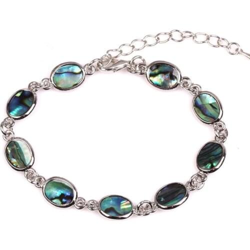 FYSL Silver Plated Stackable Oval Shape Abalone Shell Link Chain Bracelet for Anniversary Gift Jewelry