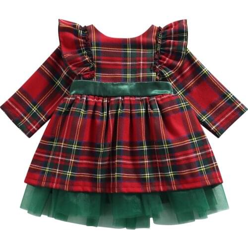 0-6Years Toddler Baby Girl Christmas Dress Long Sleeve Bow Plaid Printed Fashion Patchwork Lace Clothing