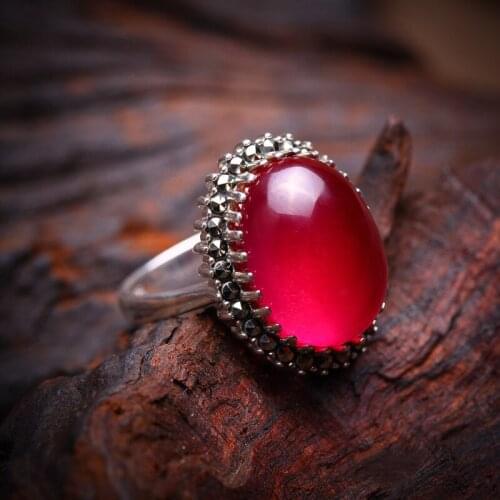 S925 Silver Silver Palace carved high-grade red corundum ring Ms