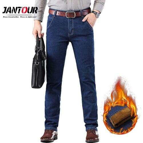 Fleece and Regula)Mens Winter Thicken Fleece Jeans Stretch Denim Warm For Men Designer Brand Long Pants big size 40 42 44 46